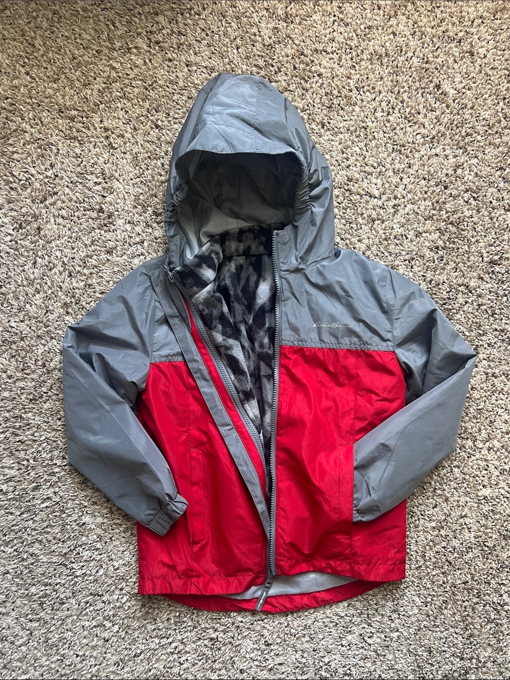 Eddie Bauer Red and Gray Hooded Kids Raincoat